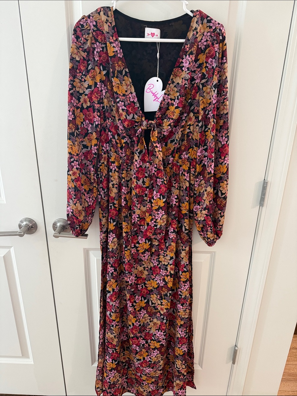 Buddy Love Burgundy Floral Maxi Dress with Pink & Mustard Accents